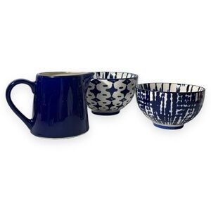 West Elm Indigo Blue Tie-dye Ceramic Nesting Bowls and Colbalt Blue Pitcher‎